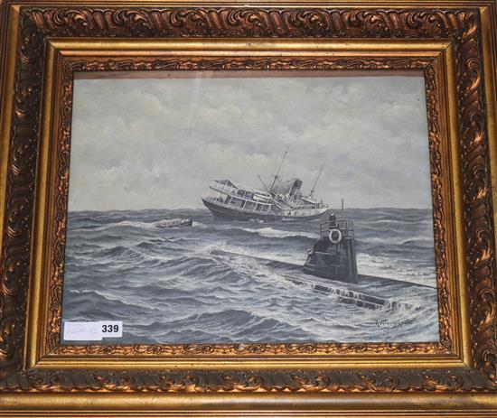 R. Verdage L,,, U boat and torpedoed ship 40 x 50cm.